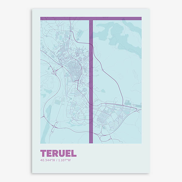 Poster of Teruel composed with letters in extra light font printed on purple and light blue
