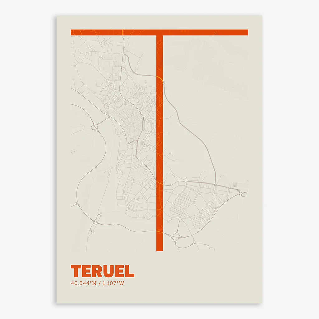 Poster of Teruel composed with letters in extra light font printed on orange and an off-white background