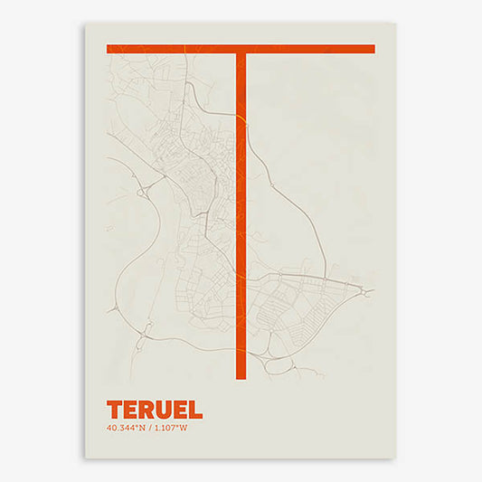 Poster of Teruel composed with letters in extra light font printed on orange and an off-white background