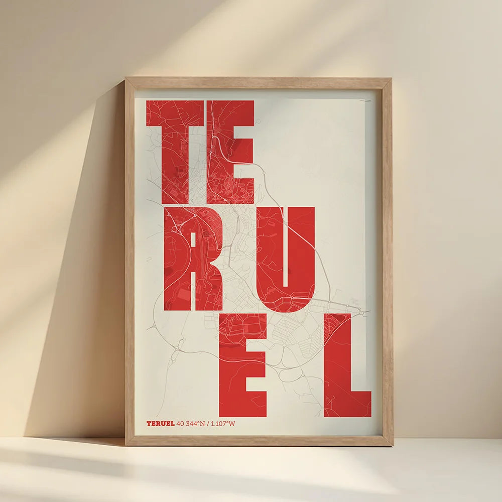 Lámina creativa de Teruel – Diseño gráfico y tipografía sobre mapa