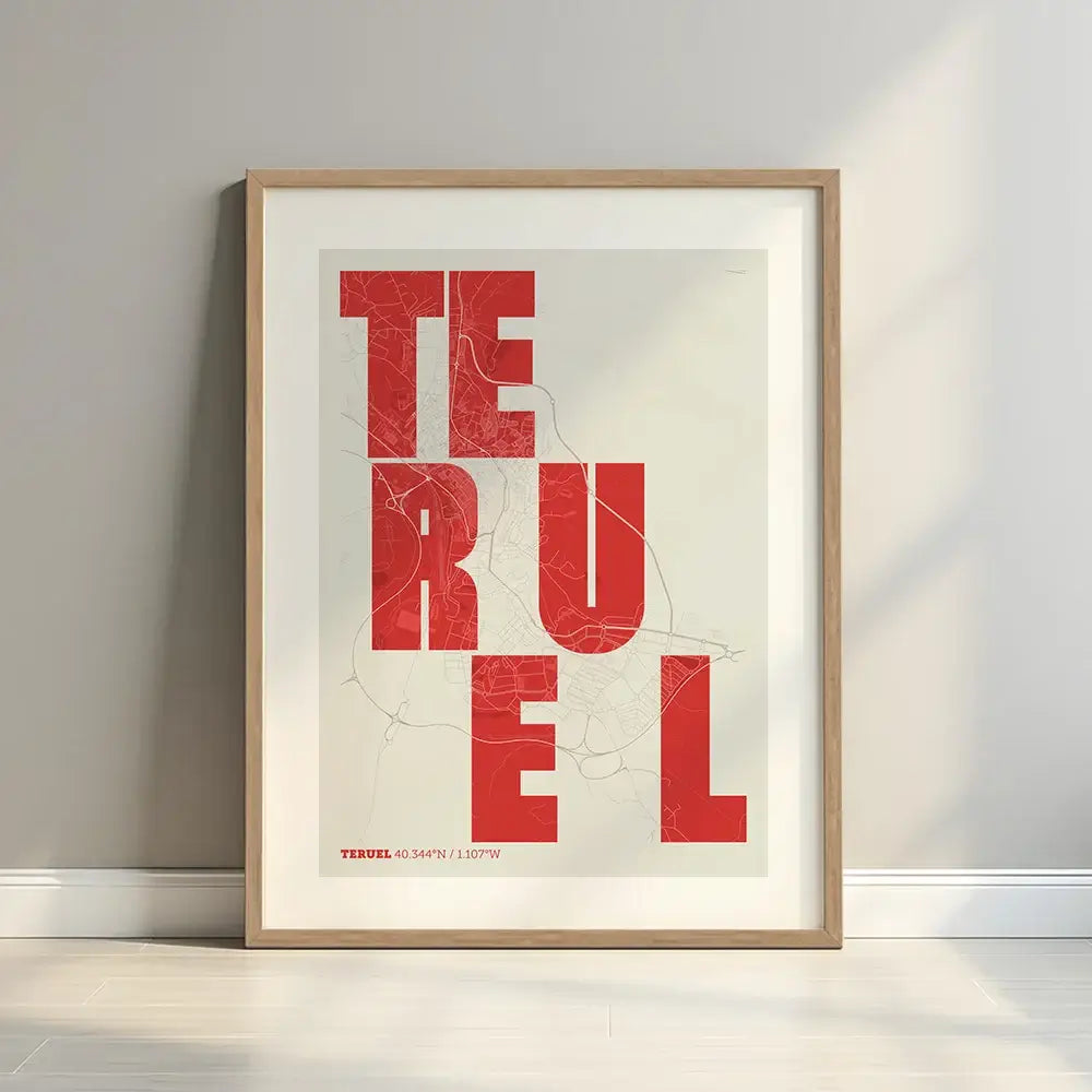 Framed Teruel in Unruled design, where the city name letters appear randomly across different lines for a truly original urban layout designed in red and an off-white background with a white margin border in a warm lit minimalist setting