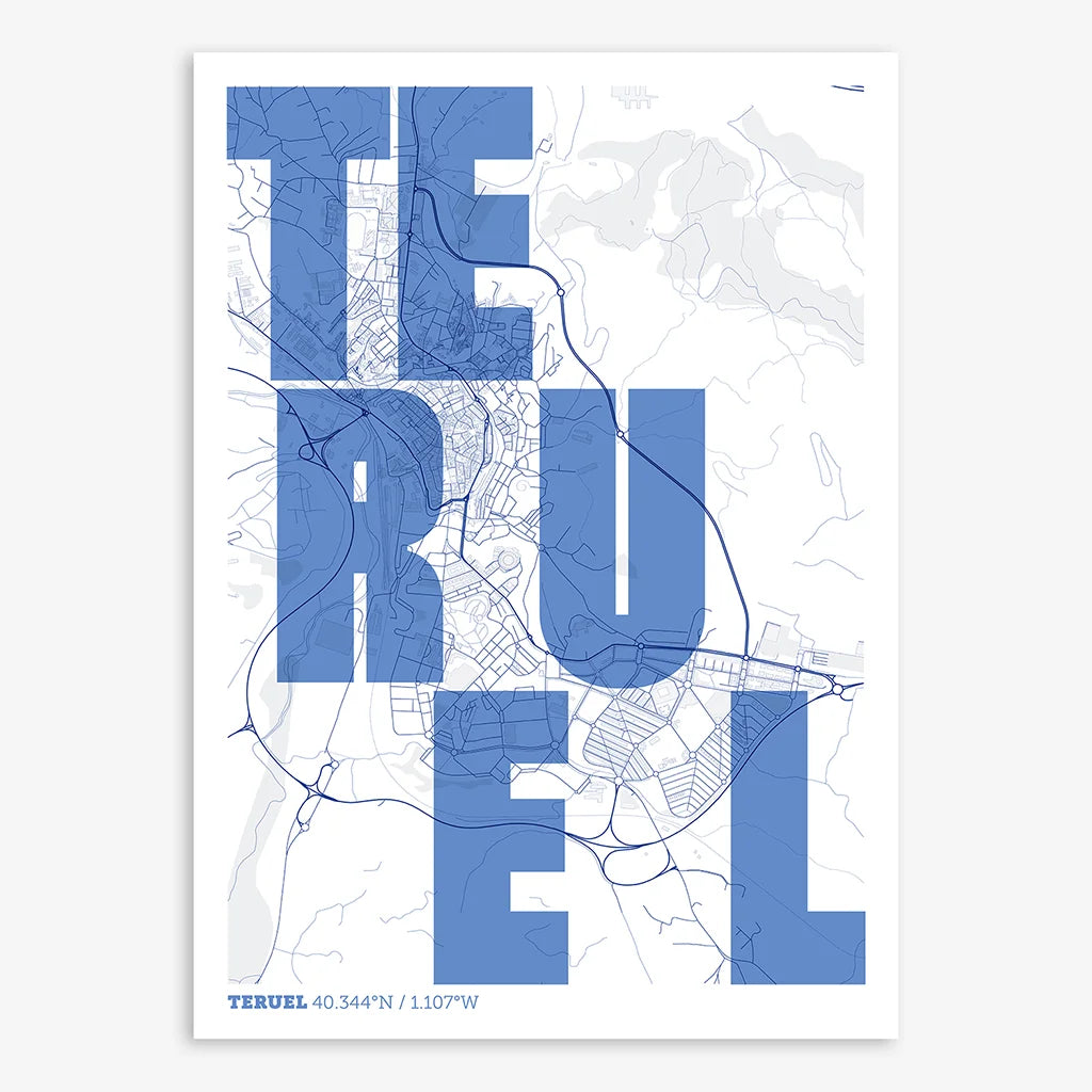 Decorative print of Teruel with letters of its name placed randomly, designed in navy blue and white