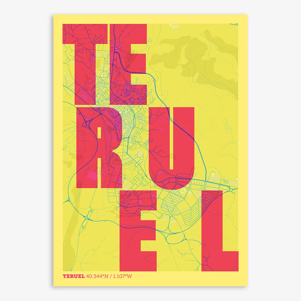 Decorative print of Teruel with letters of its name placed randomly, designed in yellow and fuchsia