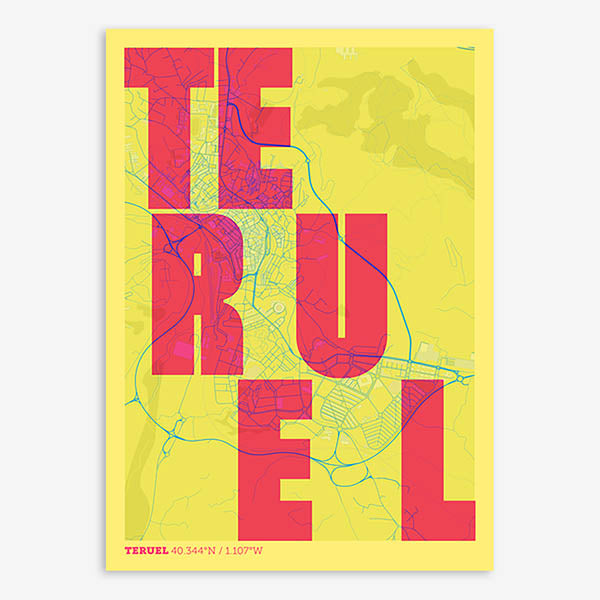Decorative print of Teruel with letters of its name placed randomly, designed in yellow and fuchsia