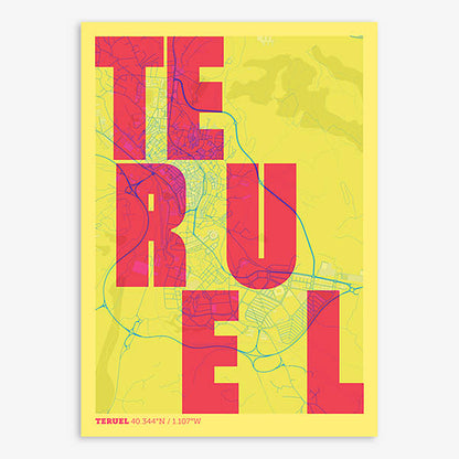 Decorative print of Teruel with letters of its name placed randomly, designed in yellow and fuchsia