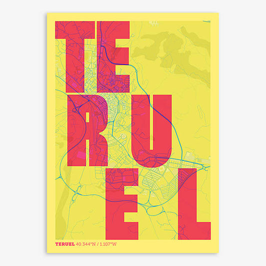 Decorative print of Teruel with letters of its name placed randomly, designed in yellow and fuchsia