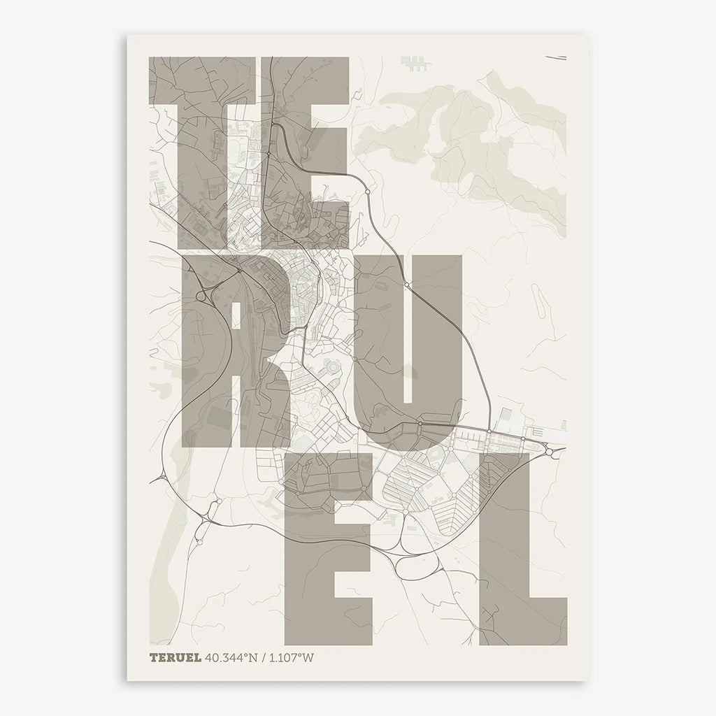 Decorative print of Teruel with letters of its name placed randomly, designed in light brown and an off-white background