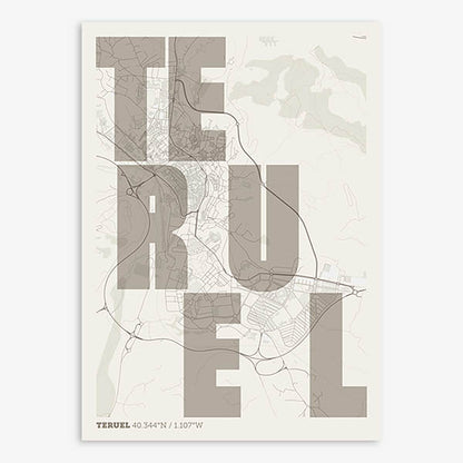 Decorative print of Teruel with letters of its name placed randomly, designed in light brown and an off-white background