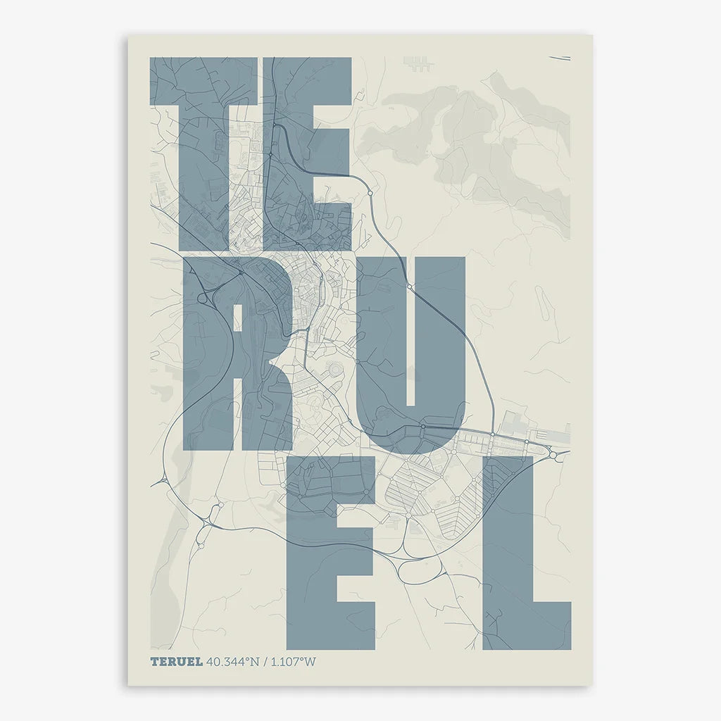 Decorative print of Teruel with letters of its name placed randomly, designed in bluish gray and an off-white background