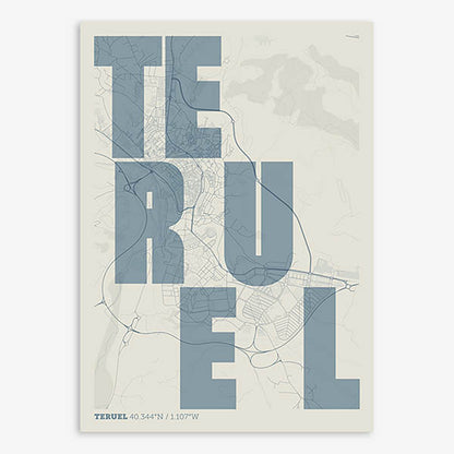 Decorative print of Teruel with letters of its name placed randomly, designed in bluish gray and an off-white background