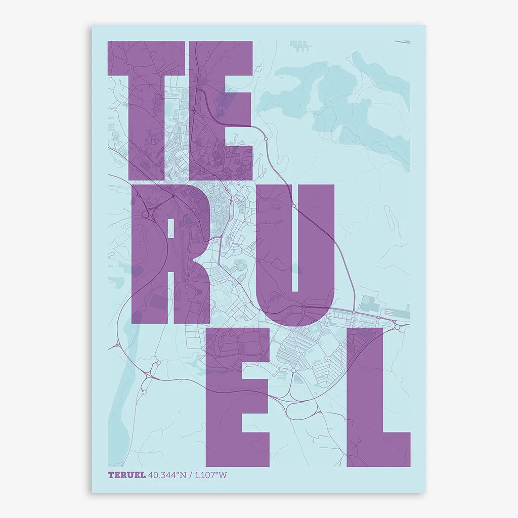 Decorative print of Teruel with letters of its name placed randomly, designed in purple and light blue