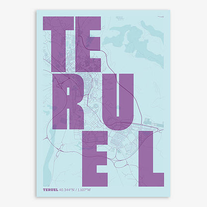 Decorative print of Teruel with letters of its name placed randomly, designed in purple and light blue