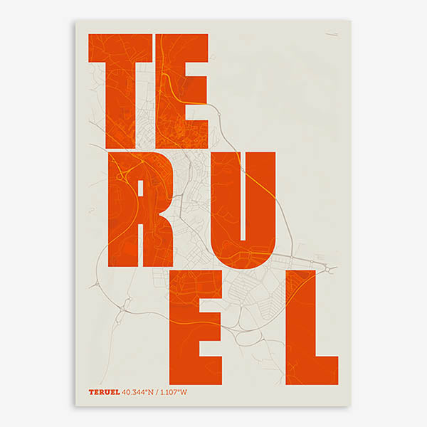 Decorative print of Teruel with letters of its name placed randomly, designed in orange and an off-white background