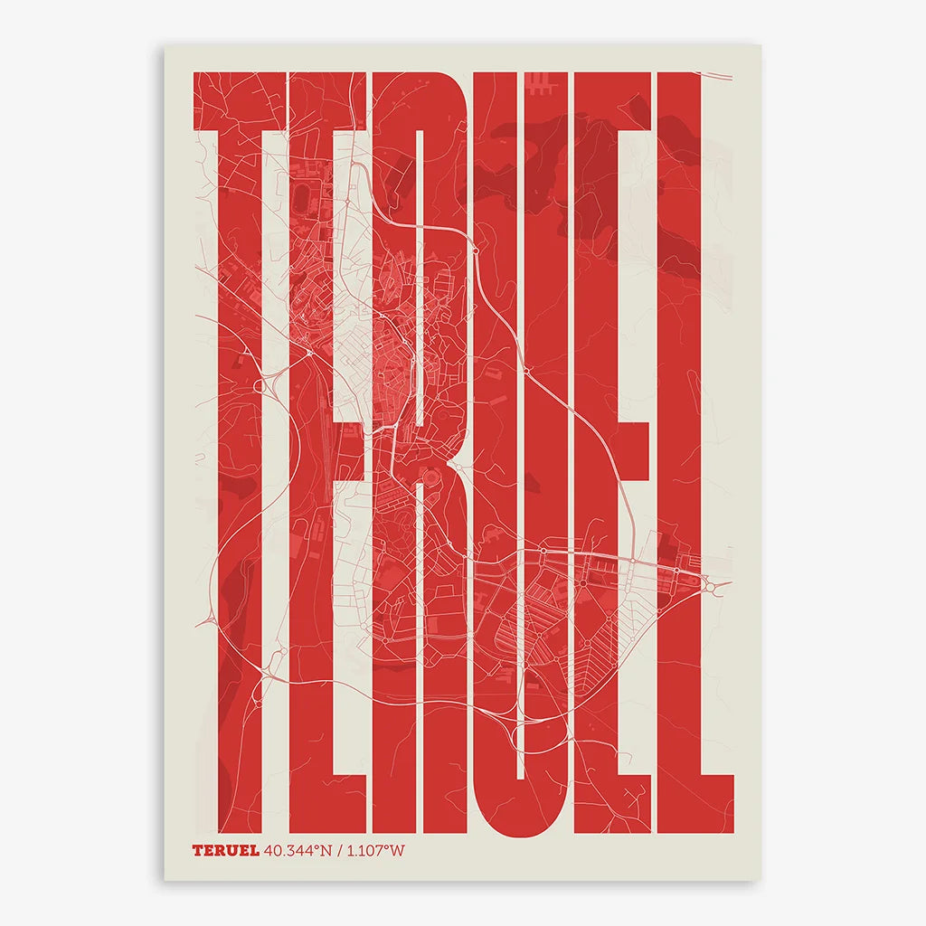 Decorative map of Teruel and letters of its name in a giclée print designed in red and an off-white background