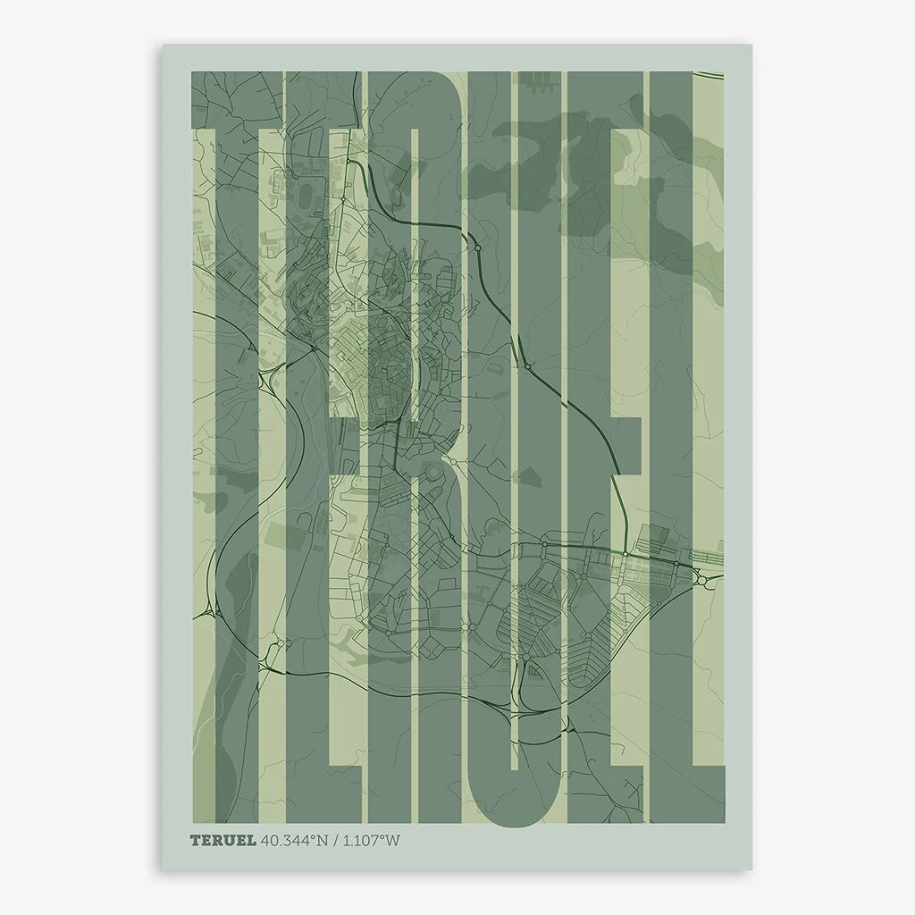 Decorative map of Teruel and letters of its name in a giclée print designed in two green tones