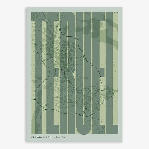 Mapa de Teruel en el diseño la Extra Comprimida, donde las letras se ajustan al ancho del mapa de la ciudad diseñado en dos tonos de verde