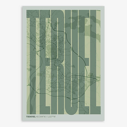 Decorative map of Teruel and letters of its name in a giclée print designed in two green tones