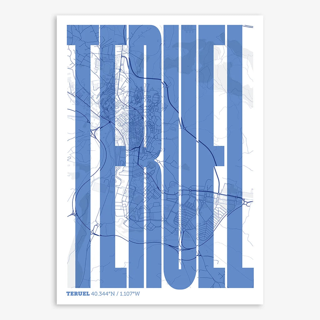 Decorative map of Teruel and letters of its name in a giclée print designed in navy blue and white