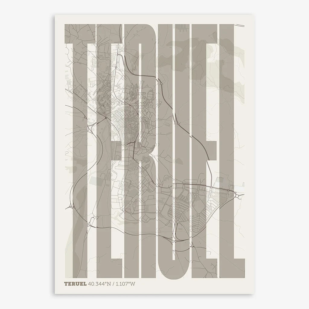 Decorative map of Teruel and letters of its name in a giclée print designed in light brown and an off-white background