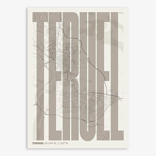 Decorative map of Teruel and letters of its name in a giclée print designed in light brown and an off-white background