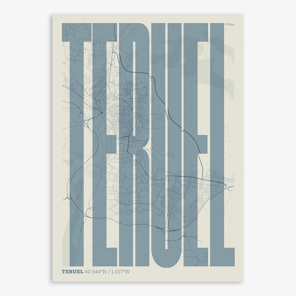 Decorative map of Teruel and letters of its name in a giclée print designed in bluish gray and an off-white background