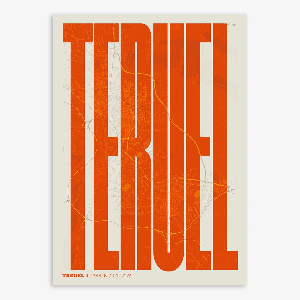 Decorative map of Teruel and letters of its name in a giclée print designed in orange and an off-white background