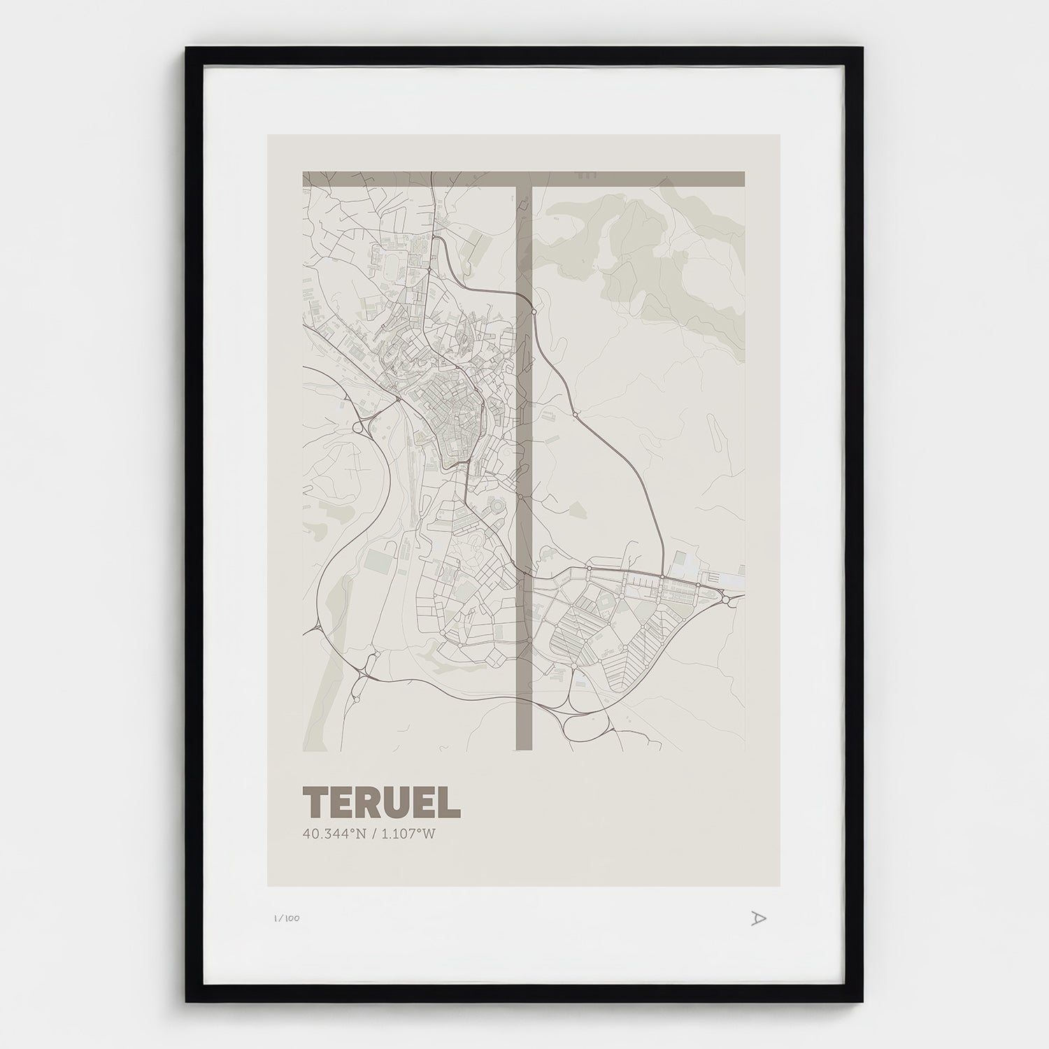 Lámina tipográfica de Teruel – diseño Ultrafina, marco negro