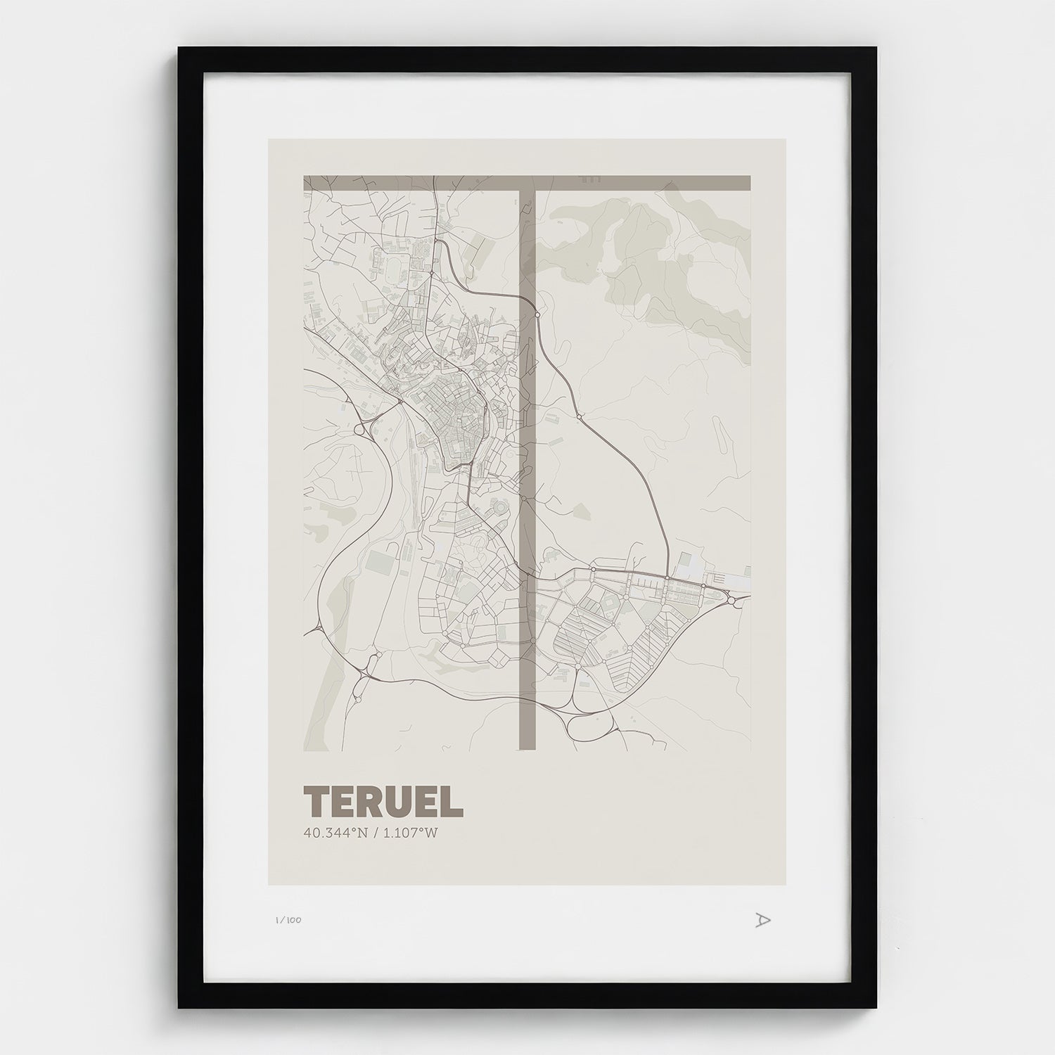 Lámina tipográfica de Teruel – diseño Ultrafina, marco negro