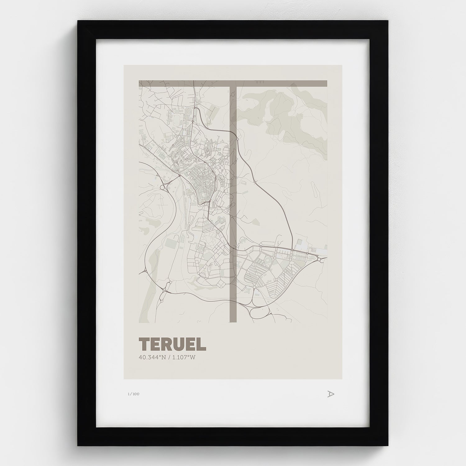 Lámina tipográfica de Teruel – diseño Ultrafina, marco negro