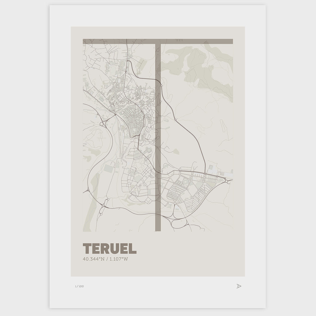 Lámina tipográfica de Teruel – diseño Ultrafina, sin marco sobre papel