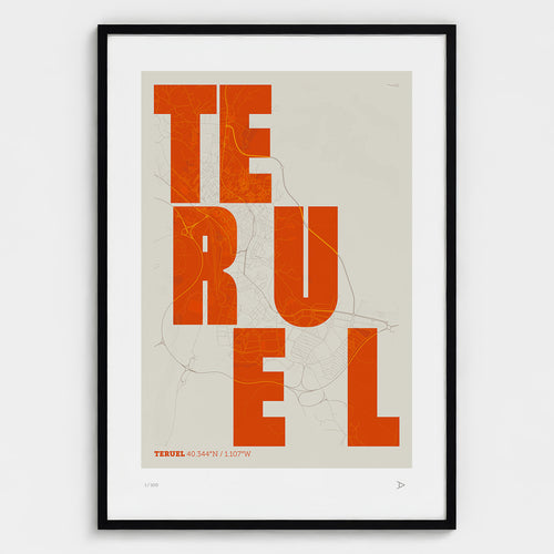Lámina tipográfica de Teruel – diseño Revoltosa, marco negro