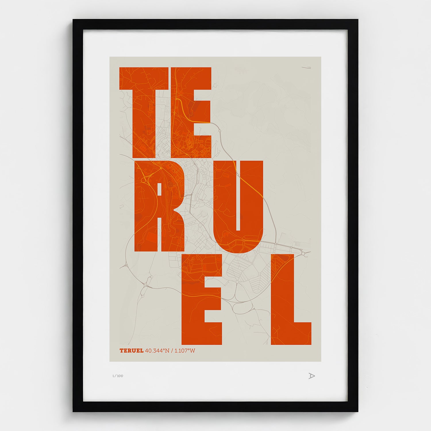 Lámina tipográfica de Teruel – diseño Revoltosa, marco negro
