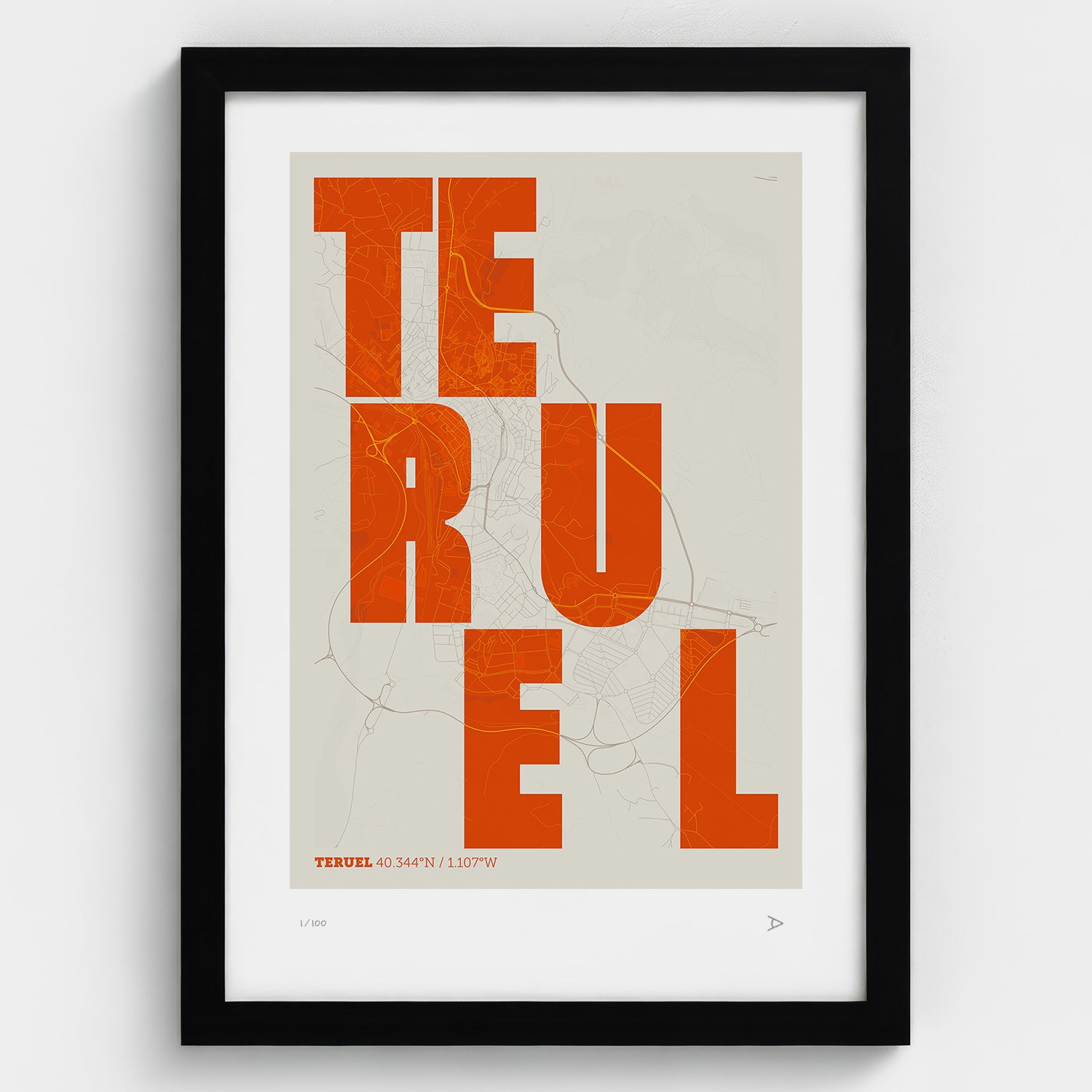 Lámina tipográfica de Teruel – diseño Revoltosa, marco negro