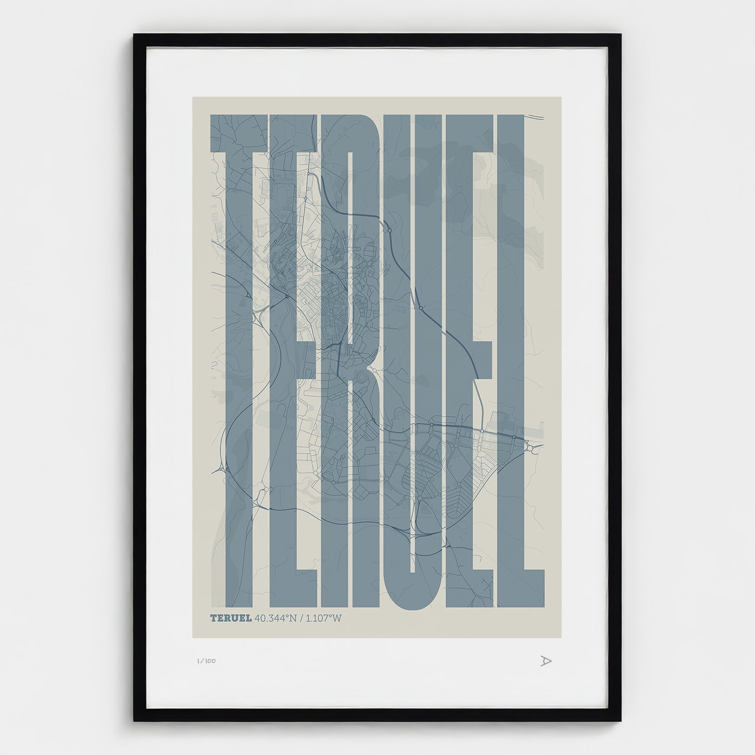 Lámina tipográfica de Teruel – diseño Extra Comprimida, marco negro
