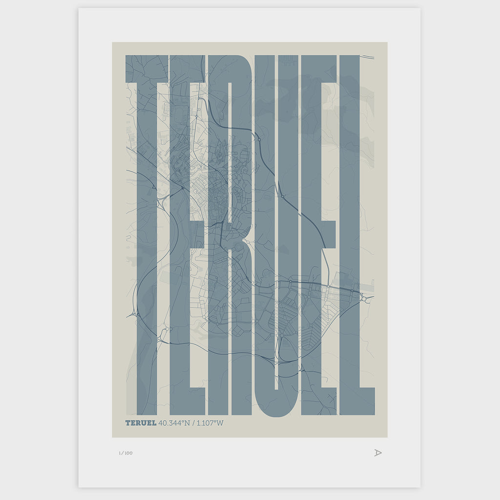 Lámina tipográfica de Teruel – diseño Extra Comprimida, sin marco sobre papel