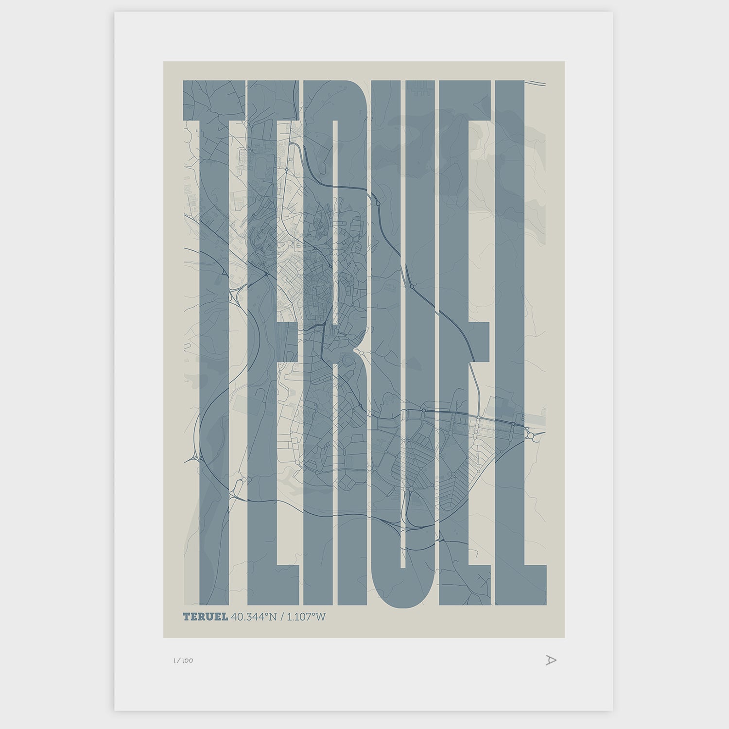 Lámina tipográfica de Teruel – diseño Extra Comprimida, sin marco sobre papel