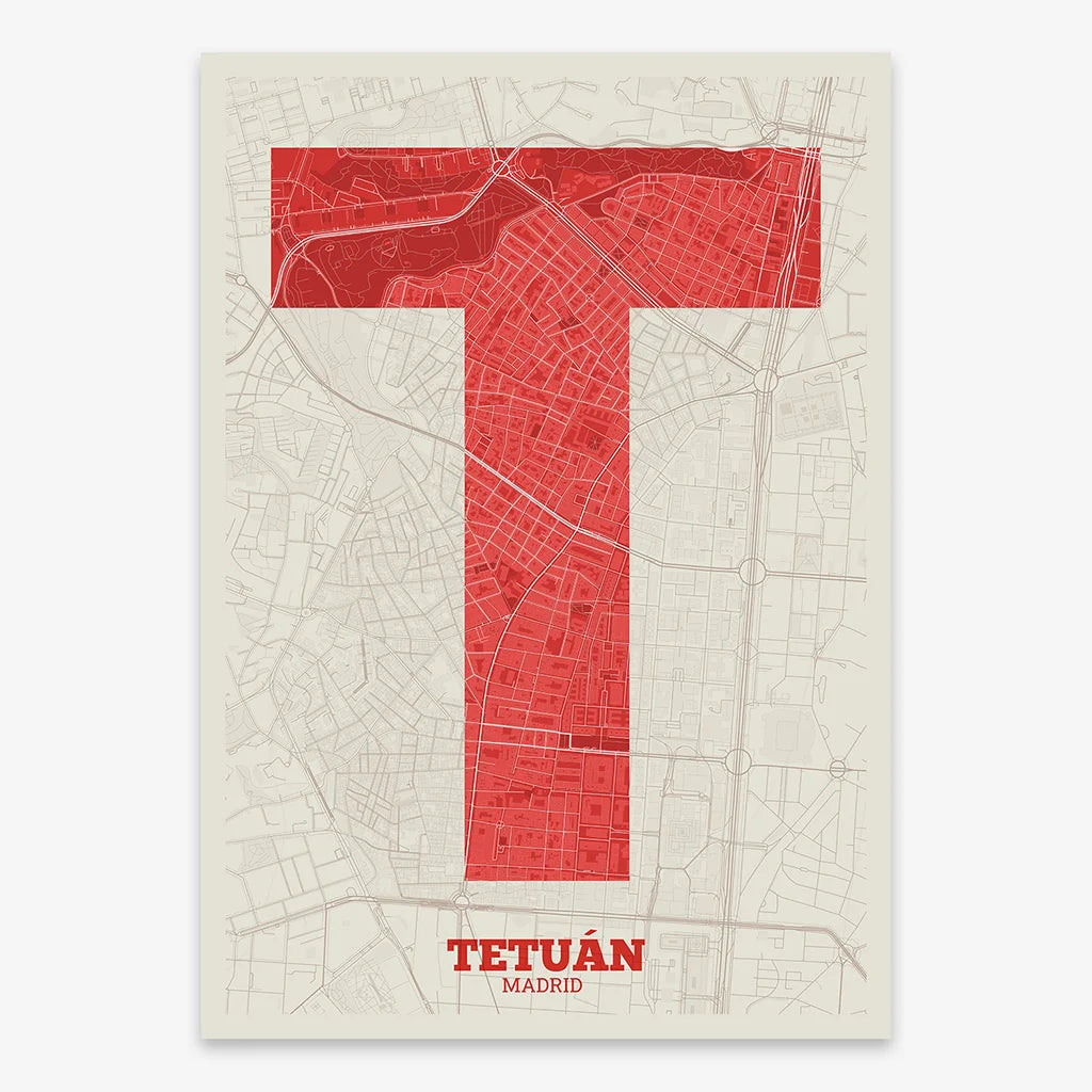 Decorative print of Madrid composed with letters in a heavy geometric font printed on red and an off-white background