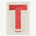 Decorative print of Madrid composed with letters in a heavy geometric font printed on red and an off-white background