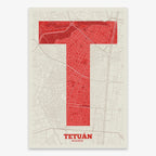 Decorative print of Madrid composed with letters in a heavy geometric font printed on red and an off-white background