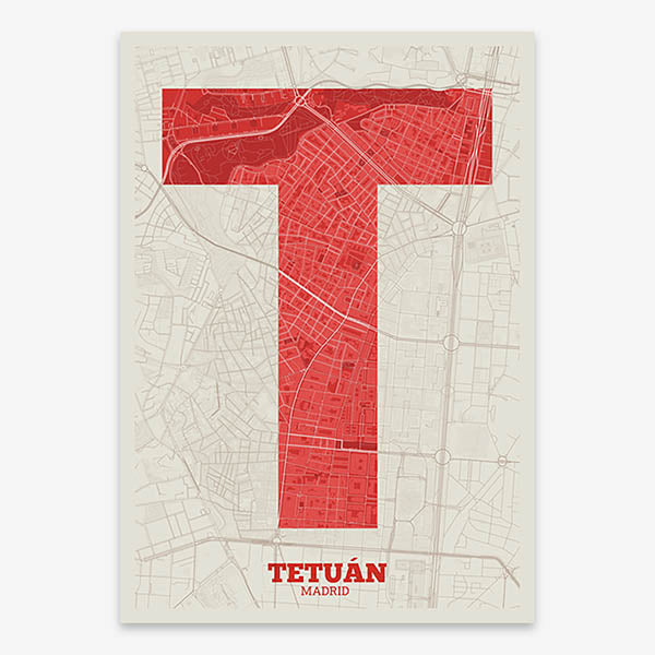 Decorative print of Madrid composed with letters in a heavy geometric font printed on red and an off-white background