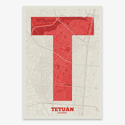 Decorative print of Madrid composed with letters in a heavy geometric font printed on red and an off-white background