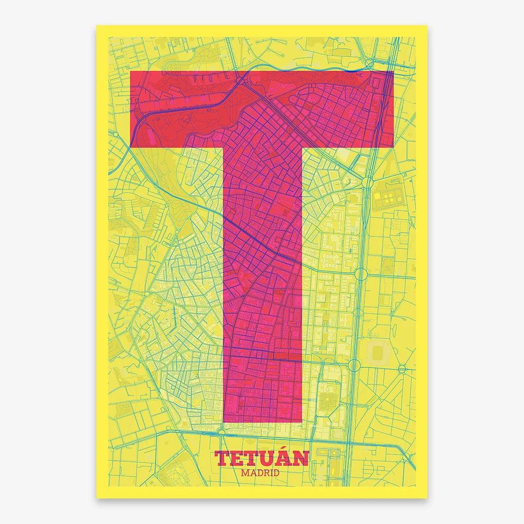 Decorative print of Madrid composed with letters in a heavy geometric font printed on yellow and fuchsia