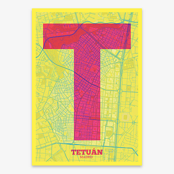 Decorative print of Madrid composed with letters in a heavy geometric font printed on yellow and fuchsia