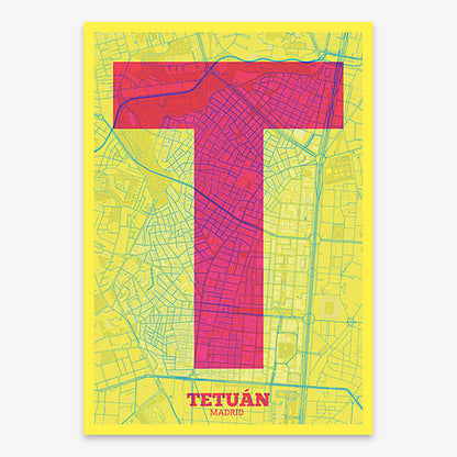 Decorative print of Madrid composed with letters in a heavy geometric font printed on yellow and fuchsia