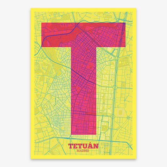 Decorative print of Madrid composed with letters in a heavy geometric font printed on yellow and fuchsia