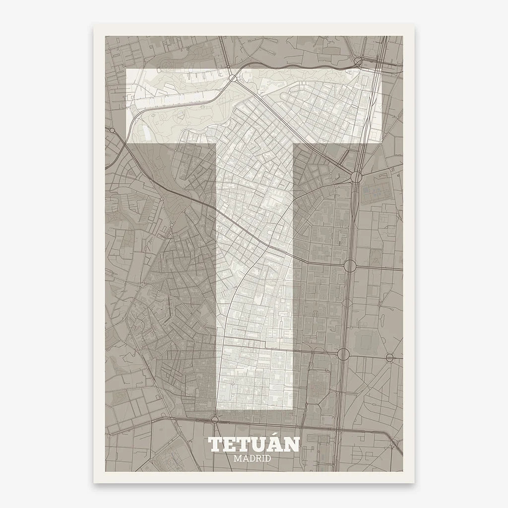 Decorative print of Madrid composed with letters in a heavy geometric font printed on light brown and an off-white background