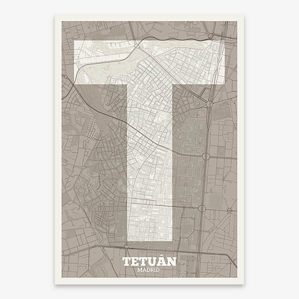 Decorative print of Madrid composed with letters in a heavy geometric font printed on light brown and an off-white background