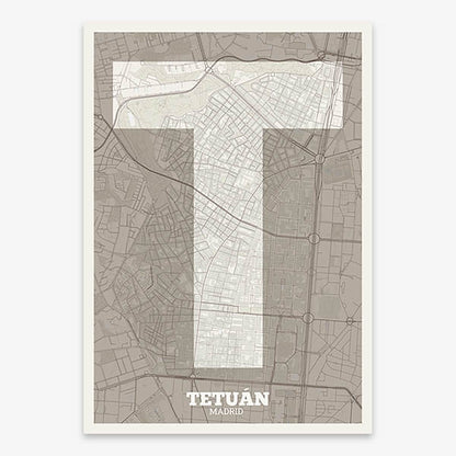 Decorative print of Madrid composed with letters in a heavy geometric font printed on light brown and an off-white background