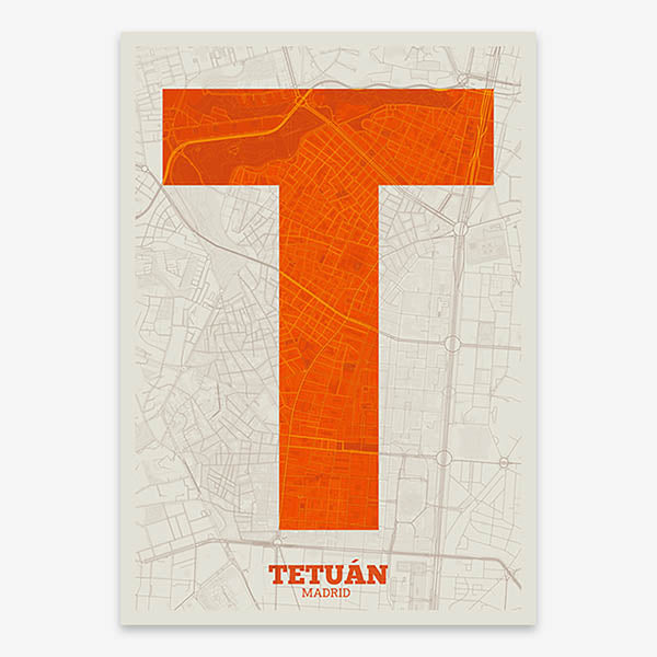Decorative print of Madrid composed with letters in a heavy geometric font printed on orange and an off-white background