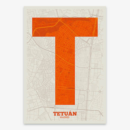 Decorative print of Madrid composed with letters in a heavy geometric font printed on orange and an off-white background